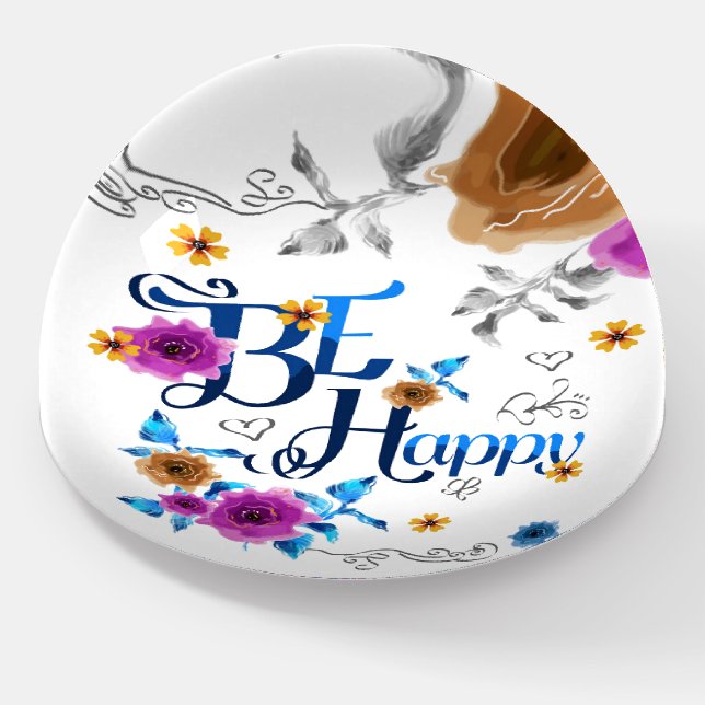 Be Happy Positive Quote Blue Purple Gold Flowers Paperweight (Angled)
