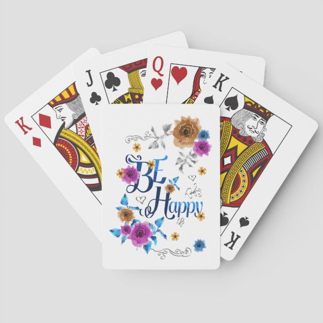 Be Happy Positive Quote Blue Purple Gold Flowers Poker Cards (Back)