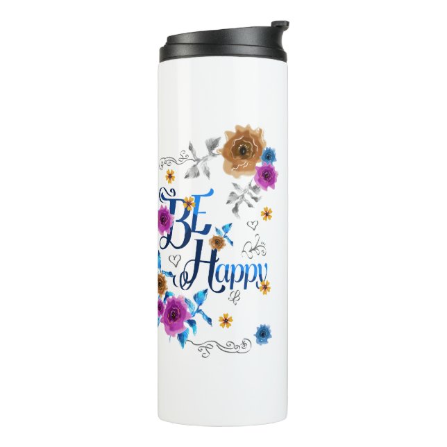 Be Happy Positive Quote Blue Purple Gold Flowers Thermal Tumbler (Rotated Left)