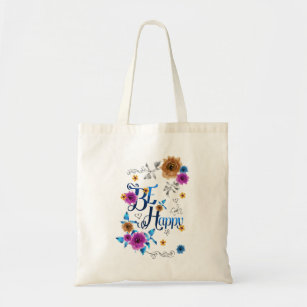 Be Happy Positive Quote Blue Purple Gold Flowers Tote Bag