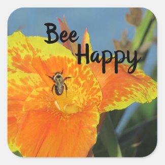 Be Happy Pretty Flower Photo Canna Lily Bee Pun Square Sticker