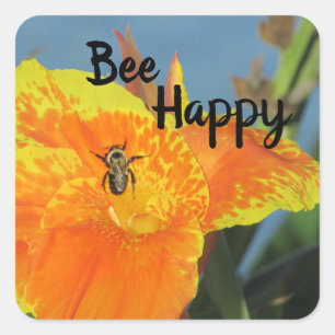 Be Happy Pretty Flower Photo Canna Lily Bee Pun Square Sticker