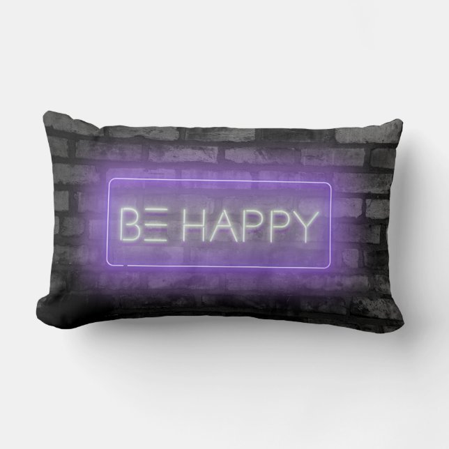 BE HAPPY Purple Neon Sign Lumbar Pillow (Front)