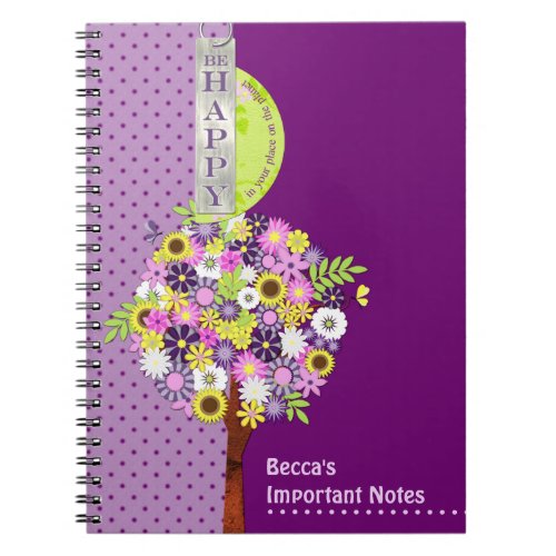 Be Happy Purple Polkadots Floral Flower Tree Notebook