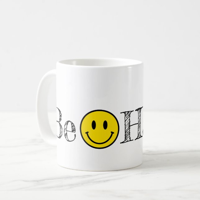 Be Happy Typography Smile Face Emoji  Coffee Mug (Front Left)