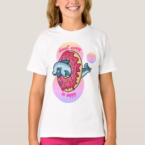 Be Happy with Cute Dolphin and Sprinkle Pink Donut T_Shirt