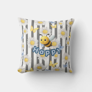 Be Happy with daisies and butterflies Throw Pillow