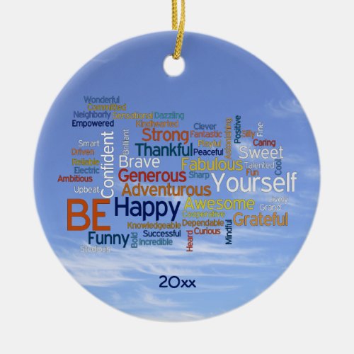 Be Happy Word Cloud in Blue Sky Inspire Ceramic Ornament
