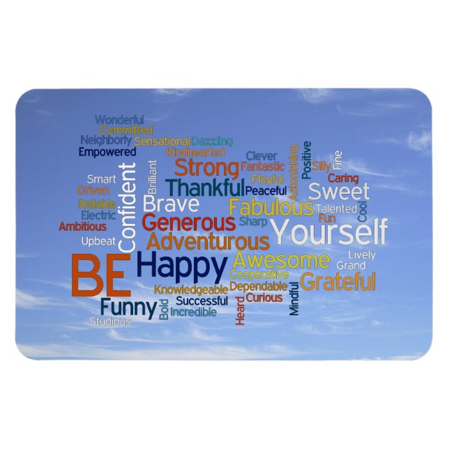 Be Happy Word Cloud in Blue Sky Inspire Magnet (Horizontal)