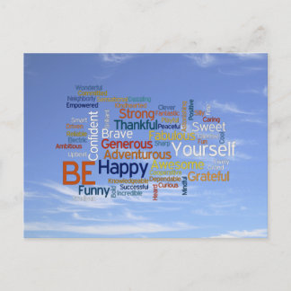 Be Happy Word Cloud in Blue Sky Inspire Postcard