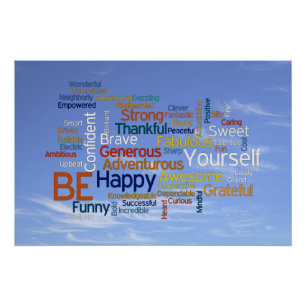 Be Happy Word Cloud in Blue Sky Inspire Poster
