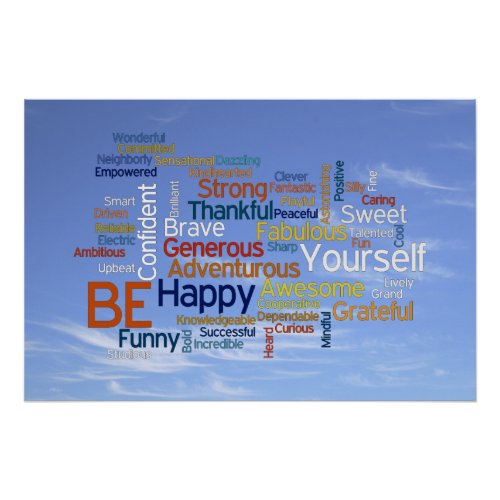 Be Happy Word Cloud in Blue Sky Inspire Poster