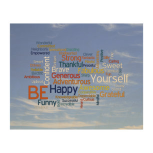 Be Happy Word Cloud in Blue Sky Inspire Wood Wall Art