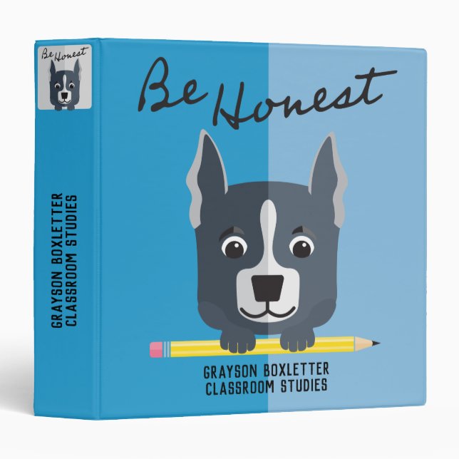 Be Honest Grey Cute Boxer Puppy Dog Blue 3 Ring Binder (Front/Spine)