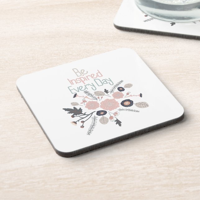 Be Inspired Every Day Botanical Flowers Pink Gray Beverage Coaster (Left Side)