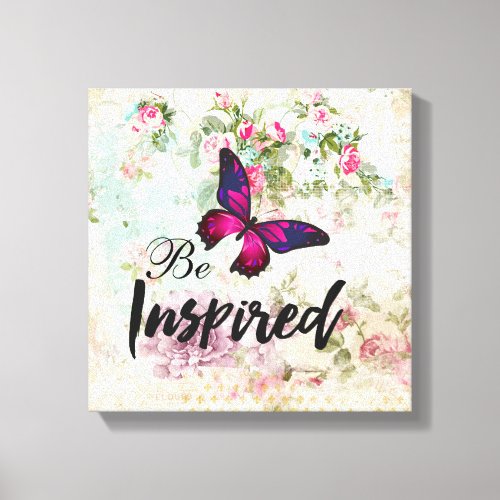 Be Inspired Quote  Pink Butterfly Shabby Collage Canvas Print