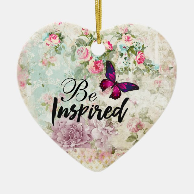 Be Inspired Quote & Pink Butterfly Shabby Collage Ceramic Ornament (Front)