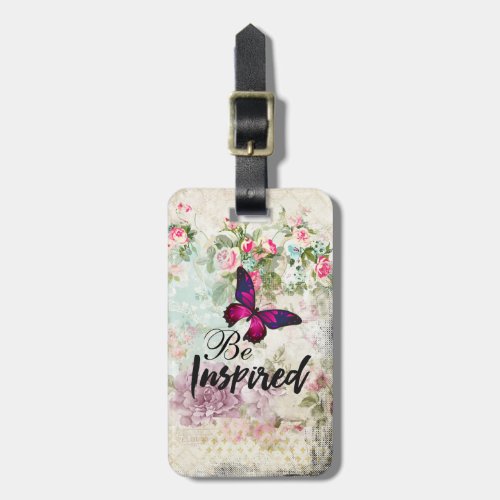Be Inspired Quote  Pink Butterfly Shabby Collage Luggage Tag