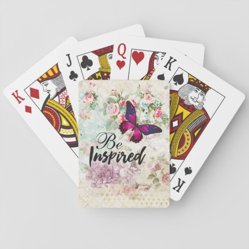 Be Inspired Quote  Pink Butterfly Shabby Collage Poker Cards