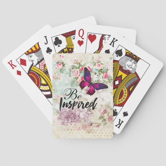 Be Inspired Quote & Pink Butterfly Shabby Collage Poker Cards (Back)