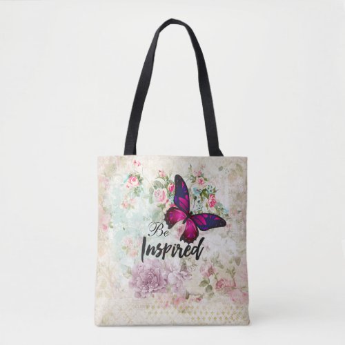 Be Inspired Quote  Pink Butterfly Shabby Collage Tote Bag