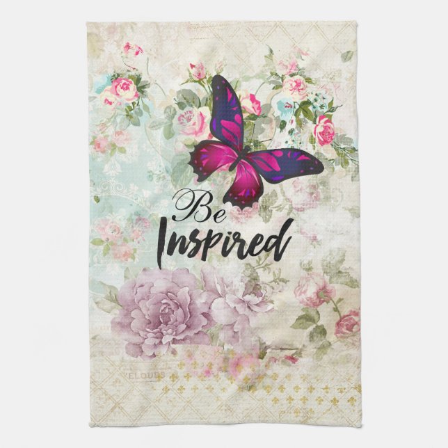 Be Inspired Quote & Pink Butterfly Shabby Collage Towel (Vertical)