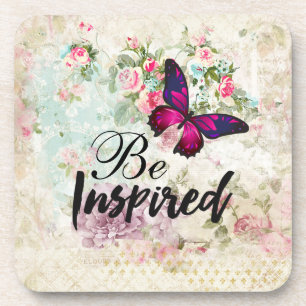 Be Inspired Quote & Pink Butterfly Vintage Collage Coaster