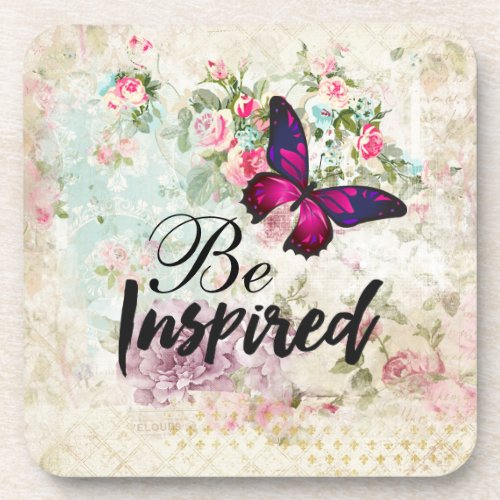 Be Inspired Quote  Pink Butterfly Vintage Collage Coaster