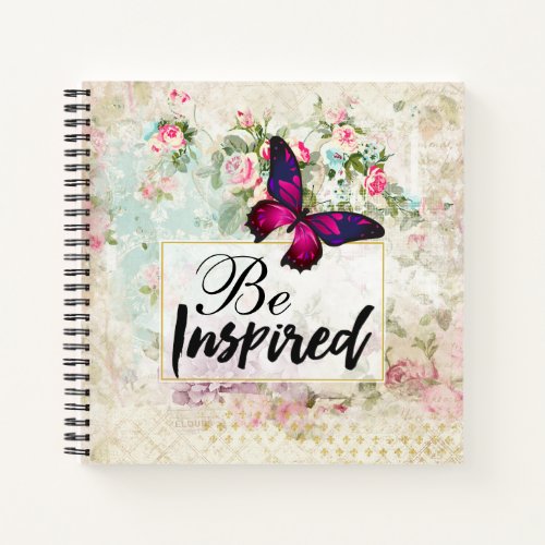 Be Inspired Quote  Pink Butterfly Vintage Collage Notebook