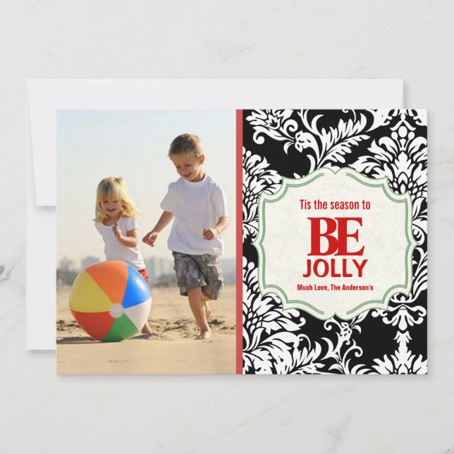 Be Jolly Vintage Black Damask Family Photo Card (Front)