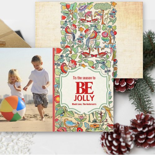 Be Jolly Vintage Floral and Bird Family Photo Card