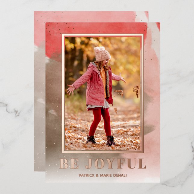 Be Joyful Christmas Photo Rose Gold Foil Holiday Card (Front/Back)