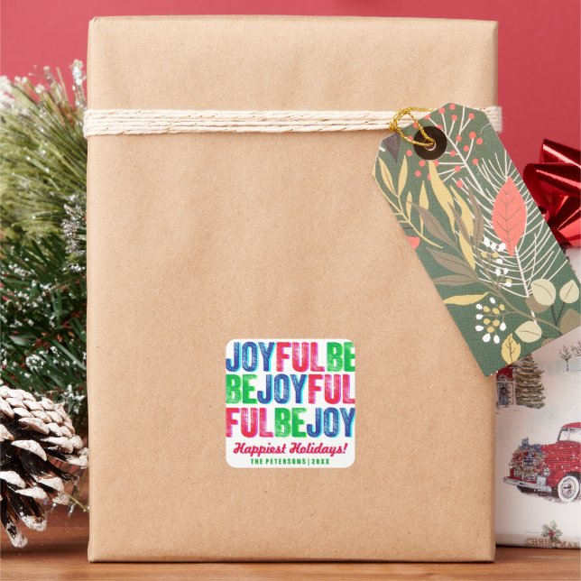 Be Joyful Colorful Christmas Holiday Letterpress Square Sticker (Holiday)