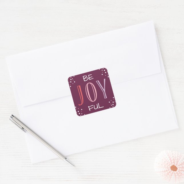 Be Joyful Modern Burgundy Pink Holiday Square Sticker (Envelope)