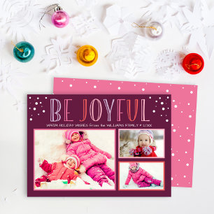 Be Joyful Modern Burgundy Pink Photo Collage Holiday Card