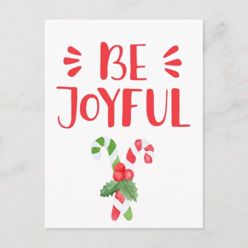 Be Joyful  Watercolor Candy Cane Christmas Holiday Postcard