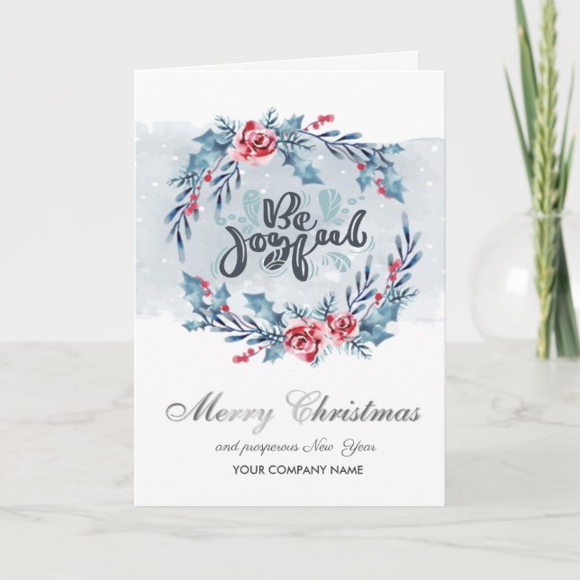 Be Joyful,Wreath Flowers Merry Christmas Holiday Card (Front)