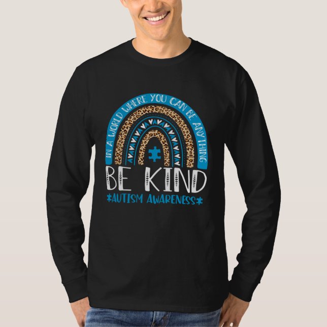 Be Kind Autism Awareness Blue Puzzle Leopard Rainb T-Shirt (Front)