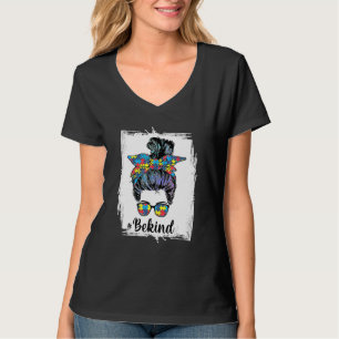 Be Kind Autism Awareness Messy Bun Mom Girl Teache T-Shirt