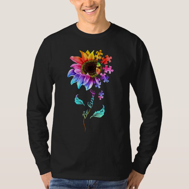 Be Kind Autism Awareness Women Girls Sunflower Puz T-Shirt (Front)