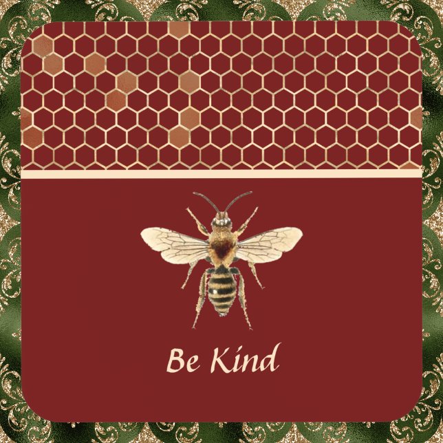 Be Kind Bee and Honeycomb on Burgundy Beverage Coaster (Creator Uploaded)