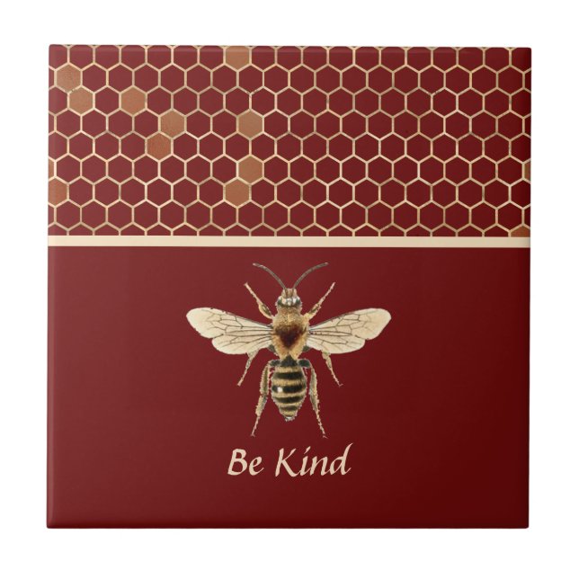 Be Kind Bee and Honeycomb on Burgundy Ceramic Tile (Front)