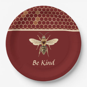 Be Kind Bee and Honeycomb on Burgundy Paper Plates
