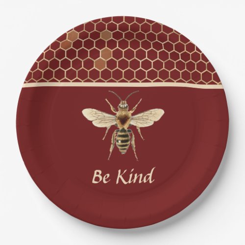 Be Kind Bee and Honeycomb on Burgundy Paper Plates