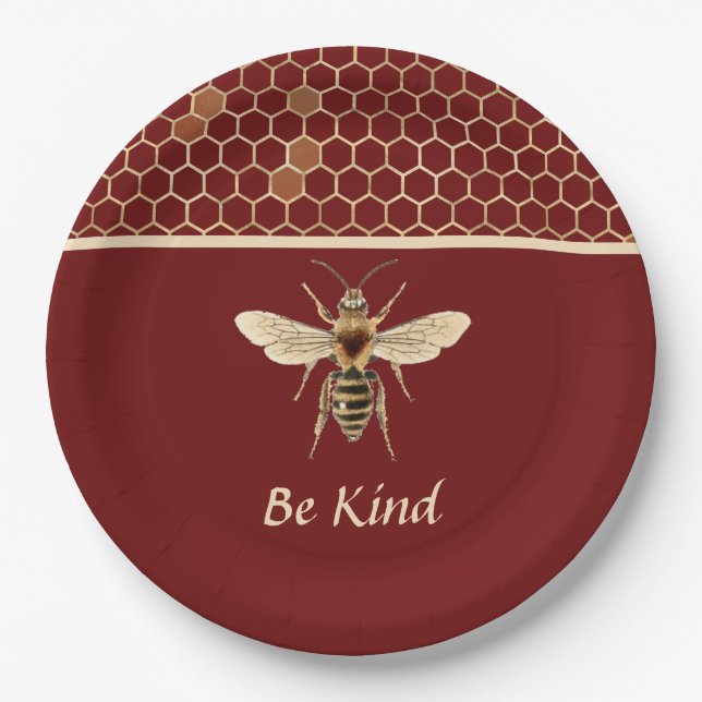 Be Kind Bee and Honeycomb on Burgundy Paper Plates (Front)