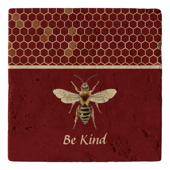 Be Kind Bee and Honeycomb on Burgundy Trivet (Front)
