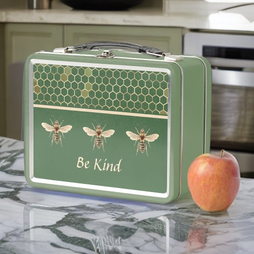 Be Kind Bee and Honeycomb on Vintage Green Metal Lunch Box