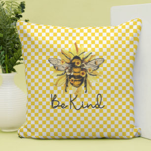 Be Kind Bee & Yellow Checkerboard Throw Pillow