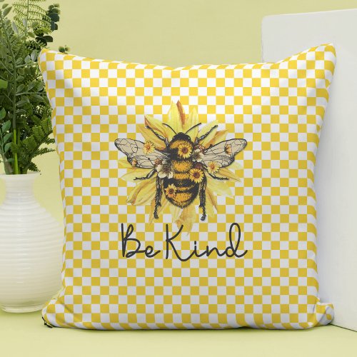 Be Kind Bee  Yellow Checkerboard Throw Pillow