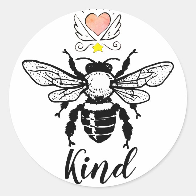 Be Kind Bumble Bee Heart With Wings Classic Round Sticker (Front)